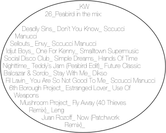 _KW 26_Peabird in the mix:

Deadly Sins_ Don`t You Know_ Sccucci Manucci 
Sellouts_ Envy_ Sccucci Manucci
Idjut Boys_ One For Kenny_ Smalltown Supermusic
Social Disco Club_ Simple Dreams_ Hands Of Time
Nighttime_ Teddy`s Jam (Peabird Edit)_ Future Classic
Balcazar & Sordo_ Stay With Me_ Dikso
Fil Lavin_ You Are So Not Good To Me_ Sccucci Manucci
6th Borough Project_ Estranged Lover_ Use Of Weapons
Mushroom Project_ Fly Away (40 Thieves Remix)_ Leng 
Juan Rozoff_ Now (Patchwork Remix)_ Uptown Funk Empire